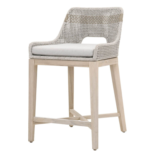 Benzara BM217394 Gray Interwoven Rope Counter Stool With Flared Legs and Cross Support