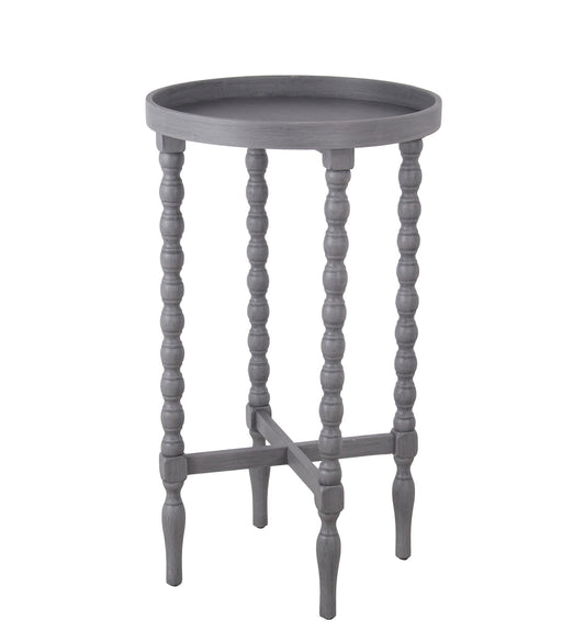 Benzara BM217910 Gray Wooden Round Accent Table With Tray Top and Beaded Turned Legs