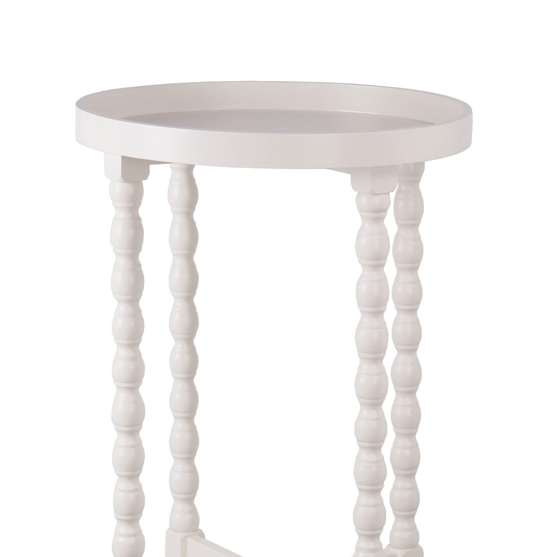 Benzara BM217911 White Wooden Round Accent Table With Tray Top and Beaded Turned Legs