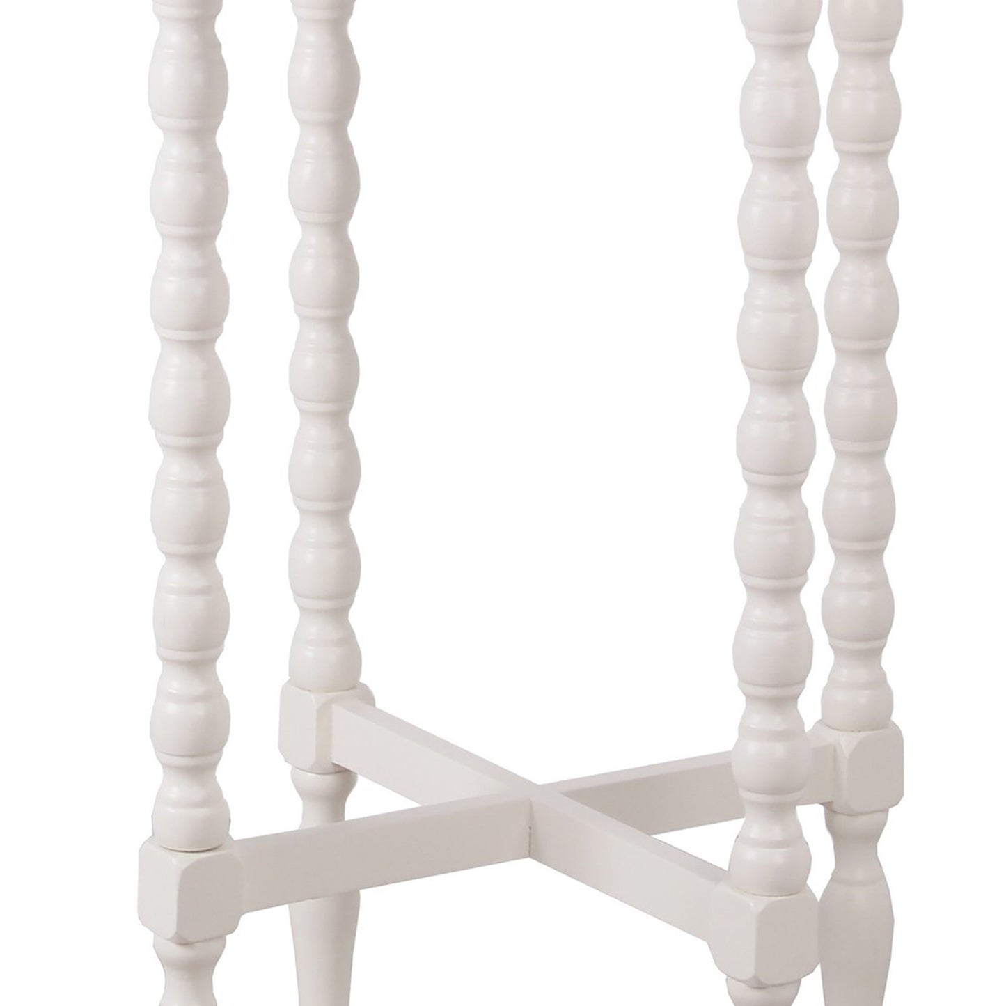 Benzara BM217911 White Wooden Round Accent Table With Tray Top and Beaded Turned Legs