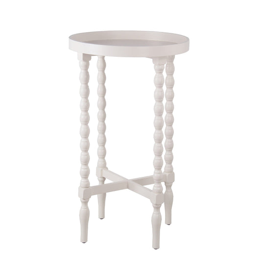 Benzara BM217911 White Wooden Round Accent Table With Tray Top and Beaded Turned Legs