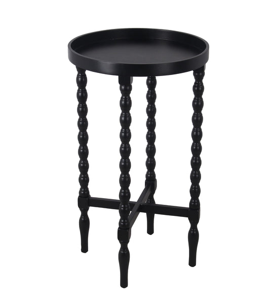 Benzara BM217912 Black Wooden Round Accent Table With Tray Top and Beaded Turned Legs