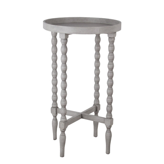 Benzara BM217914 Light Gray Wooden Round Accent Table With Tray Top and Beaded Turned Legs