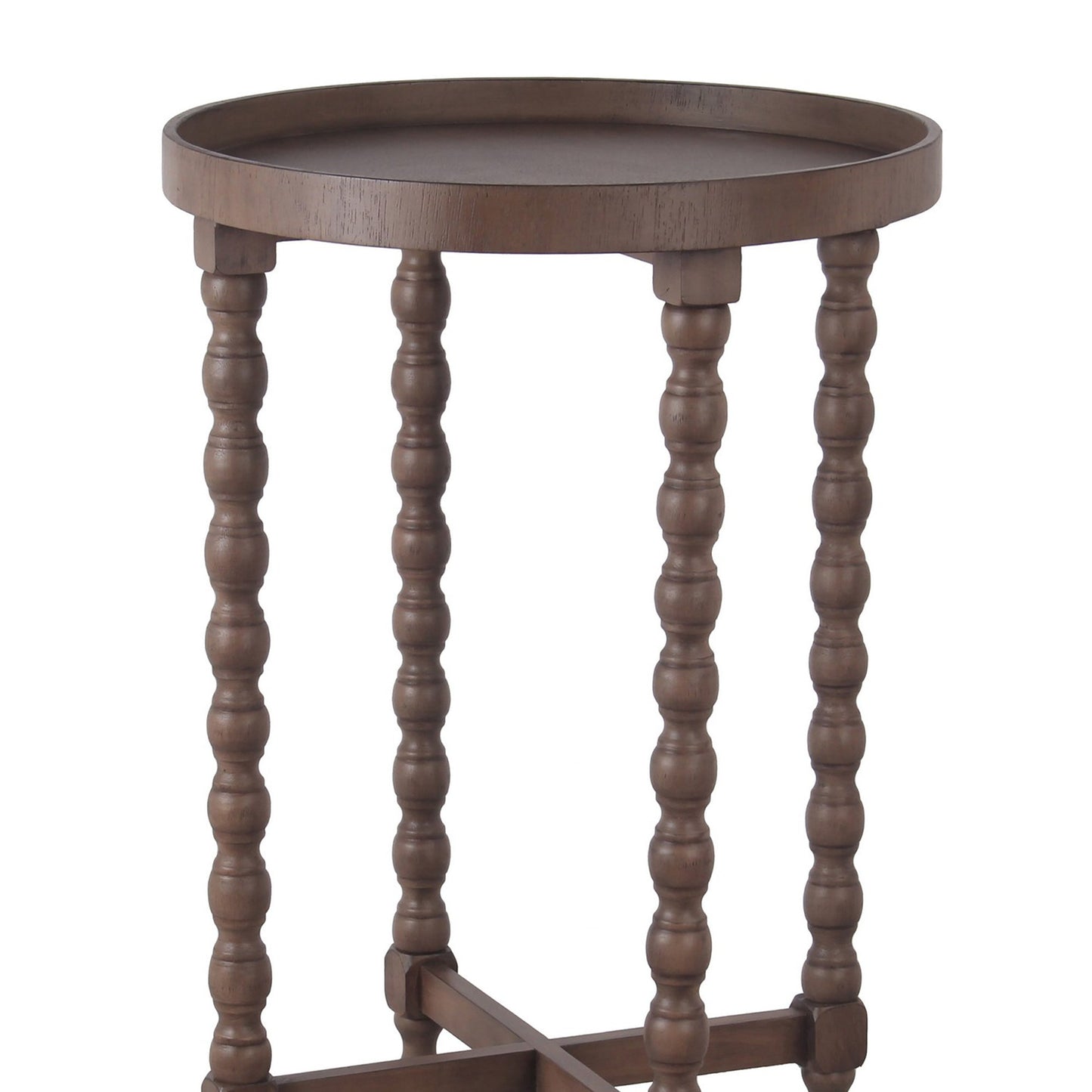 Benzara BM217915 Brown Wooden Round Accent Table With Tray Top and Beaded Turned Legs