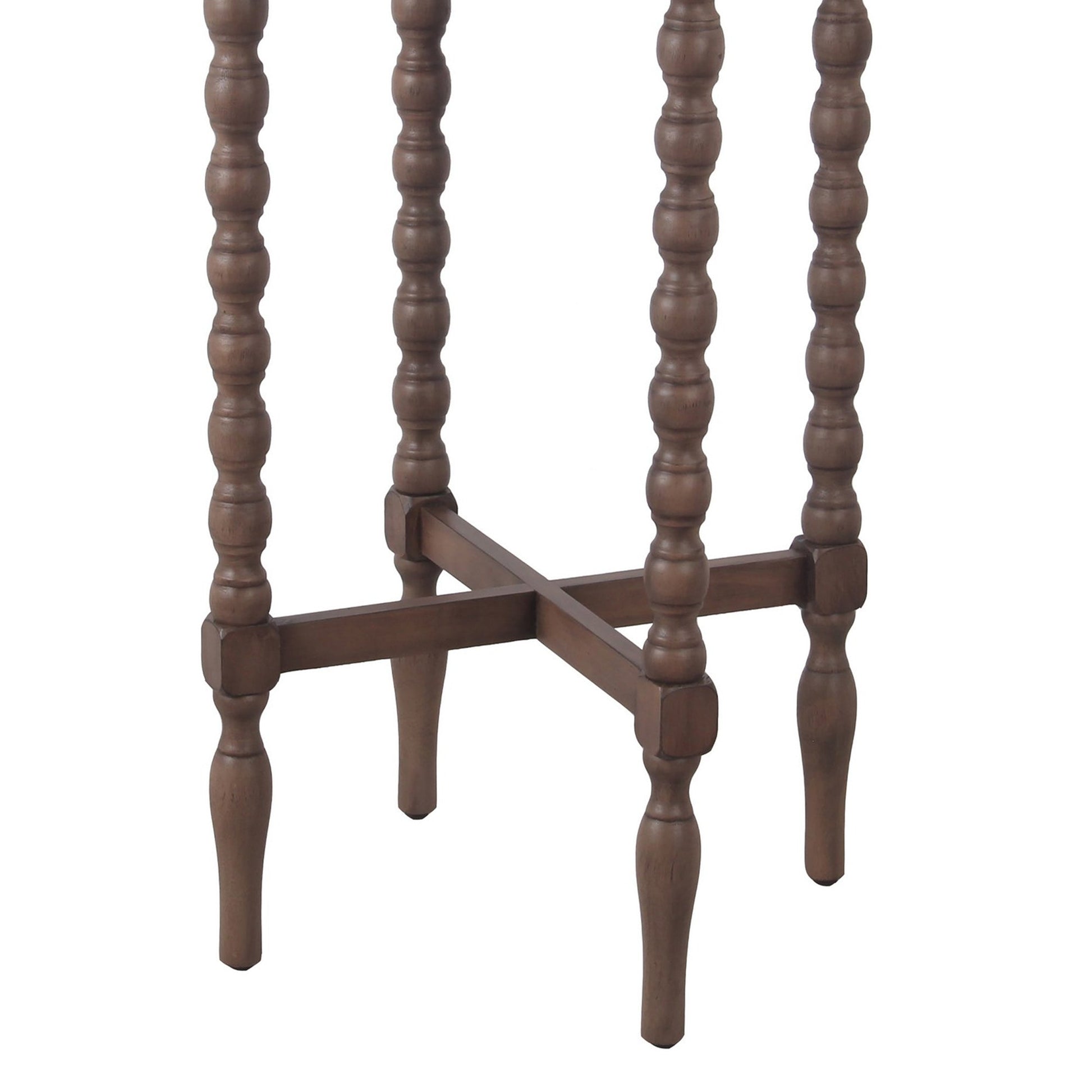 Benzara BM217915 Brown Wooden Round Accent Table With Tray Top and Beaded Turned Legs