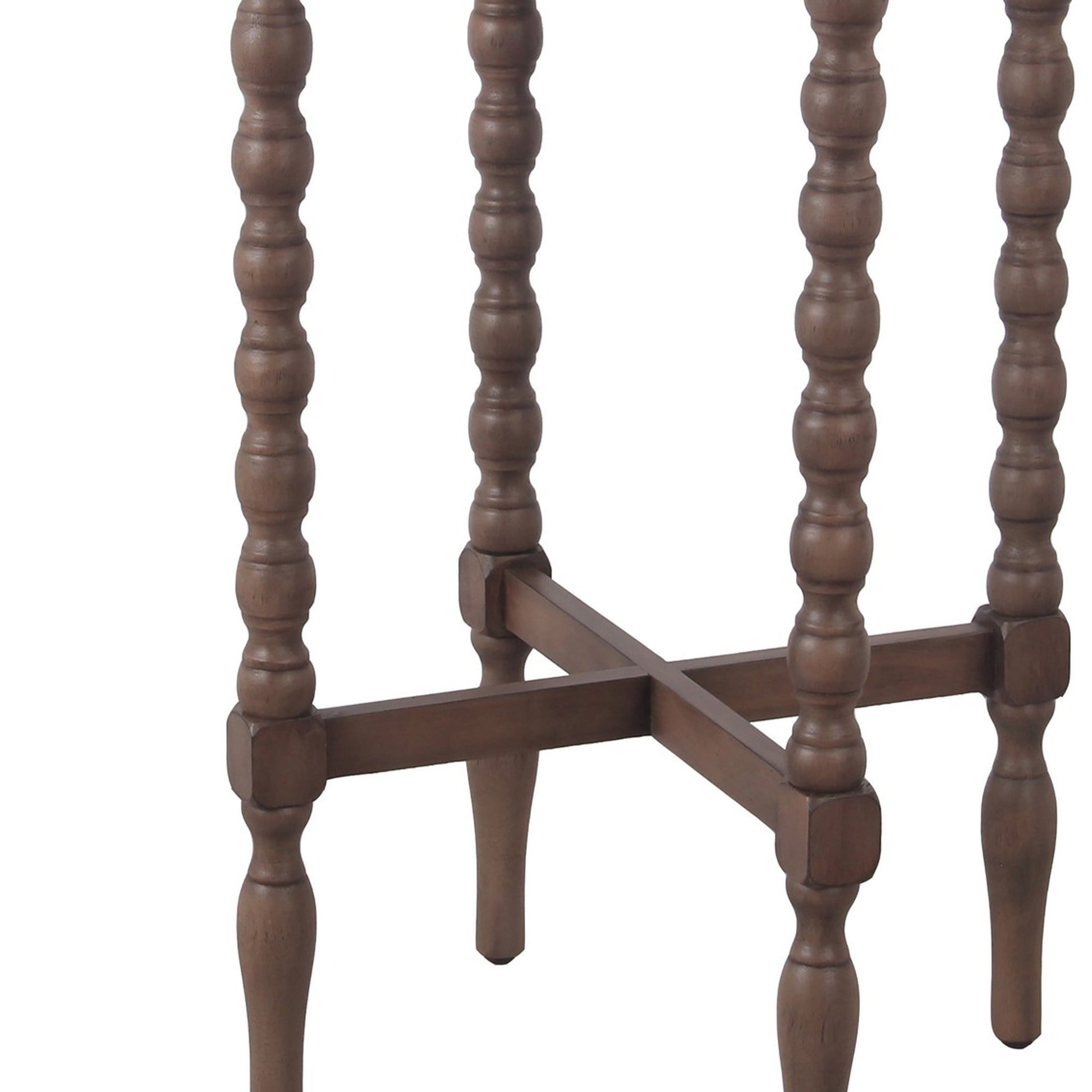 Benzara BM217915 Brown Wooden Round Accent Table With Tray Top and Beaded Turned Legs