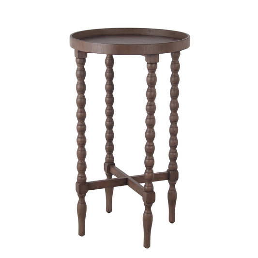 Benzara BM217915 Brown Wooden Round Accent Table With Tray Top and Beaded Turned Legs