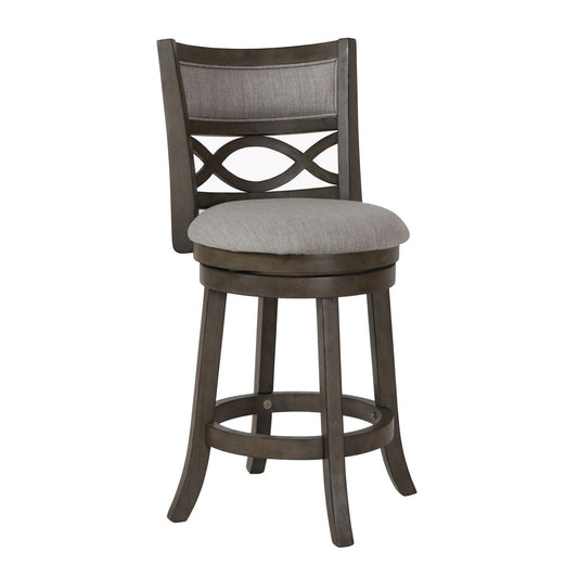 Benzara BM218142 Antique Gray Curved Lattice Back Swivel Counter Stool With Fabric Seat