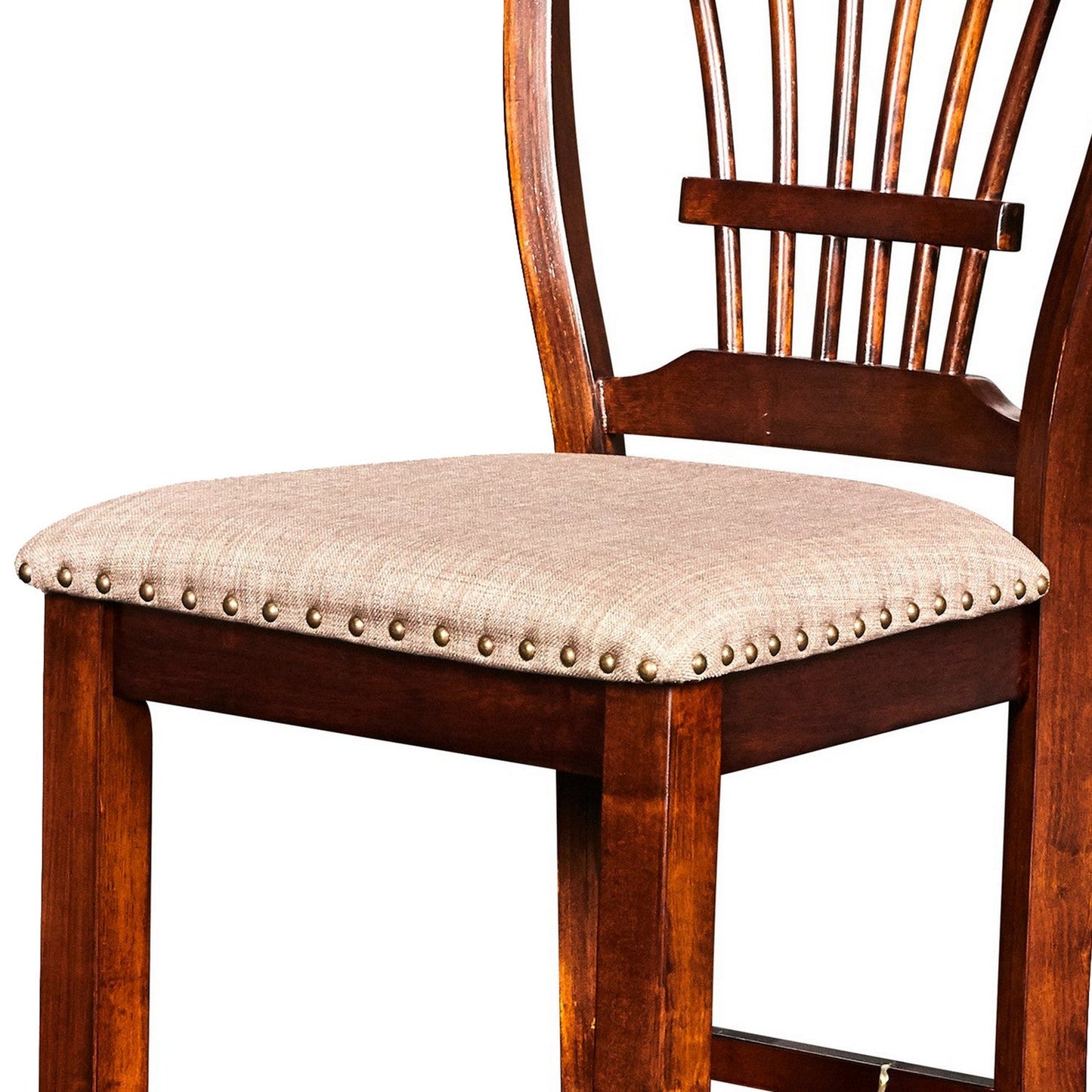 Benzara BM218175 Brown Slatted Back Wooden Counter Chair With Nailhead Trim, Set of 2