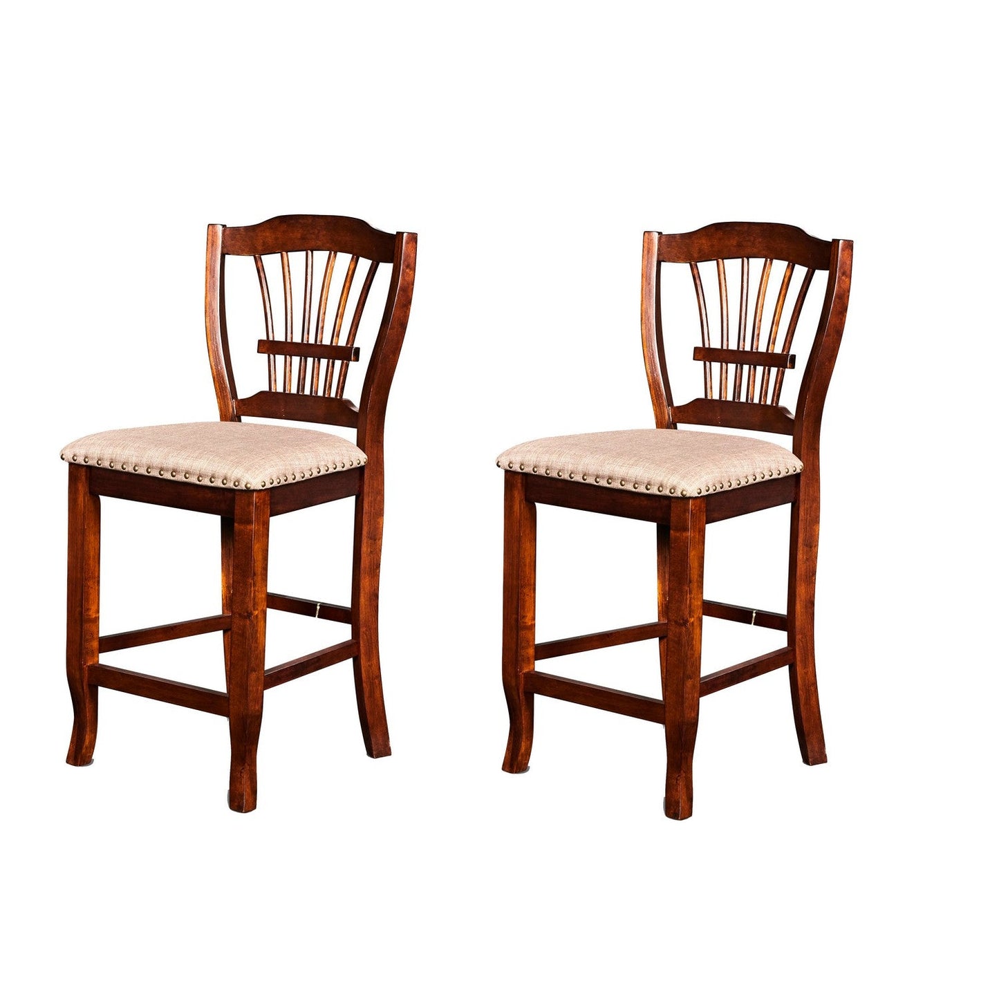 Benzara BM218175 Brown Slatted Back Wooden Counter Chair With Nailhead Trim, Set of 2