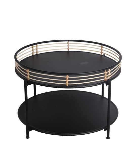 Benzara BM218636 Black Metal Round Accent Table With Open Bottom Shelf and Rail Top