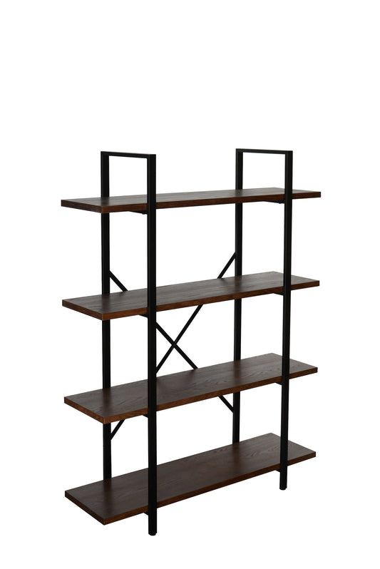 Benzara BM218710 4-Tier Brown and Black Wood and Metal Frame Bookcase With X Shape Design