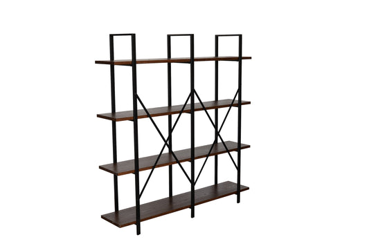 Benzara BM218712 4-Tier Brown and Black Wood and Metal Double Bookcase With X Shape Design