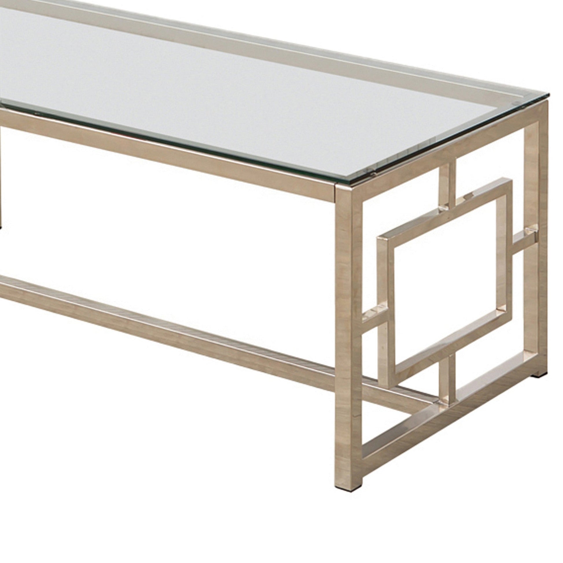 Benzara BM219600 Silver and Clear Tempered Glass Top Coffee Table With Lattice Cut Outs