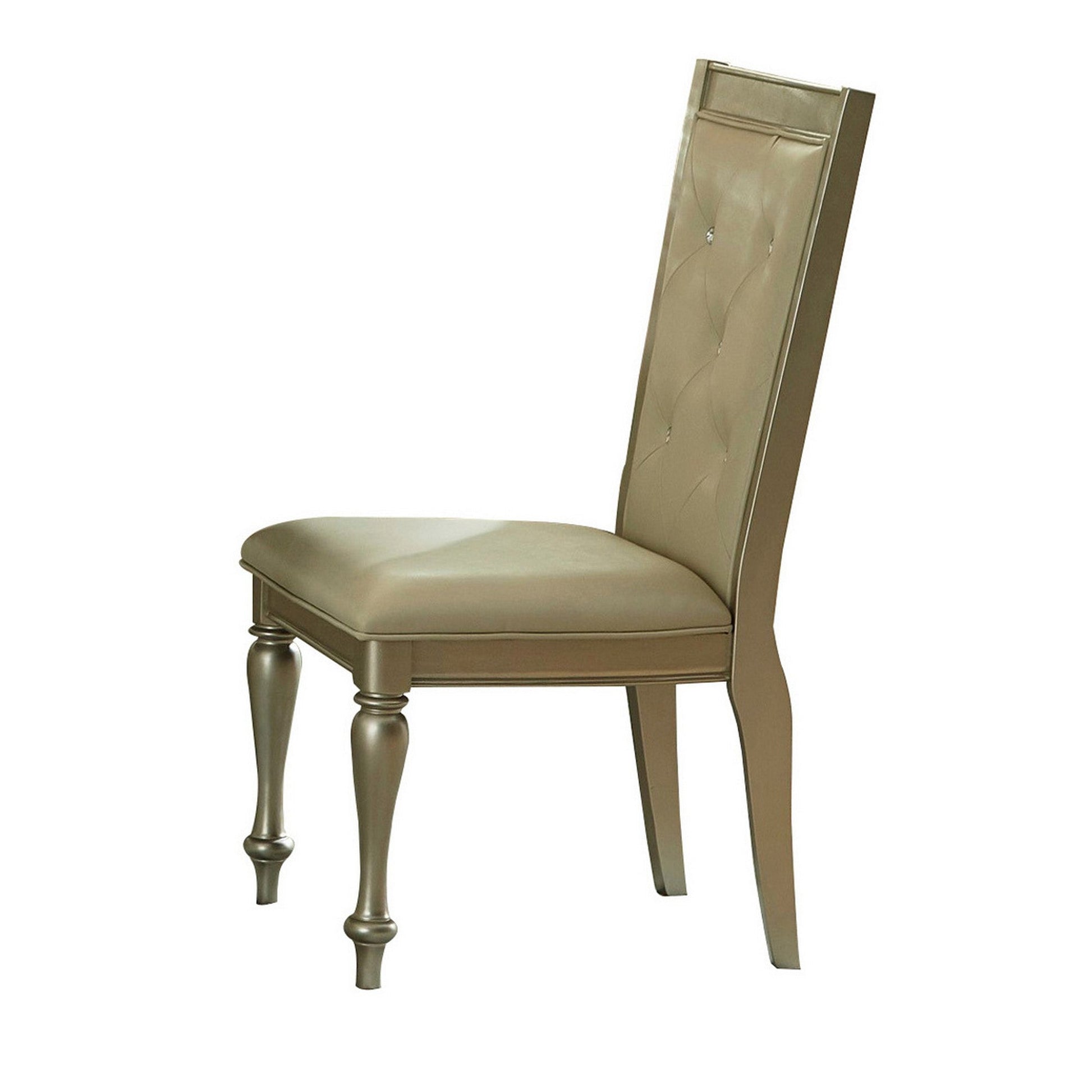 Benzara BM219999 Gold Wooden Side Chair With Crystal Tufted Leatherette Backrest