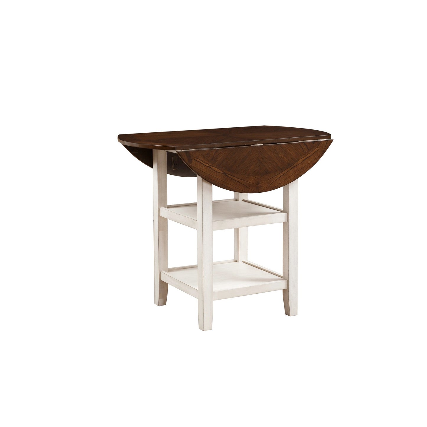 Benzara BM220152 Round Top Counter Height Table With 2 Open Shelves, Antique White and Brown