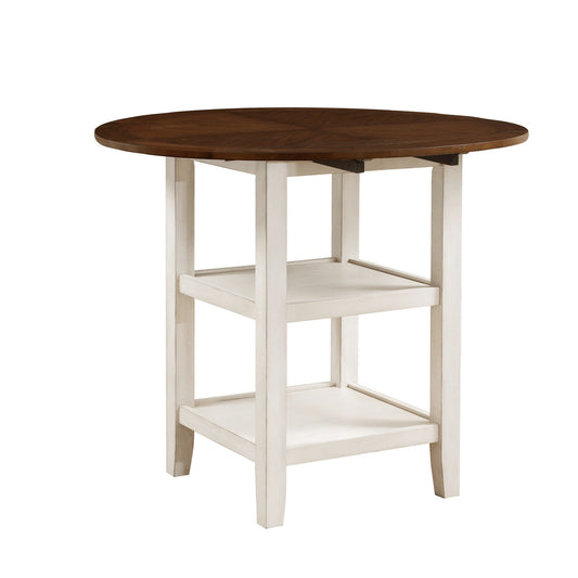 Benzara BM220152 Round Top Counter Height Table With 2 Open Shelves, Antique White and Brown