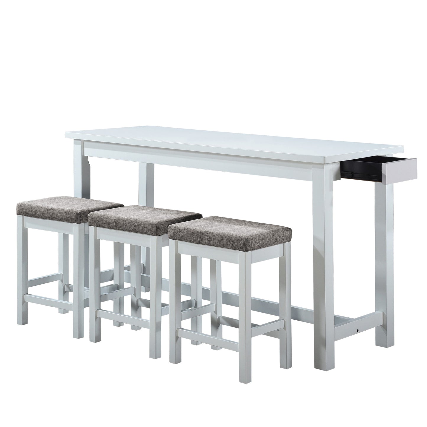 Benzara BM220895 1 Drawer Counter Height Table With Backless Stools,Set of 4,White and Gray