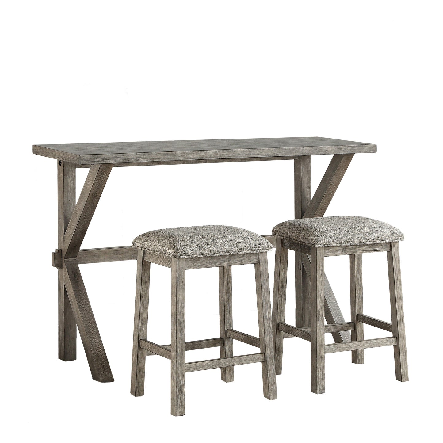 Benzara BM220901 Trestle Base Counter Height Table With Fabric Backless Stools,Set of 3,Gray