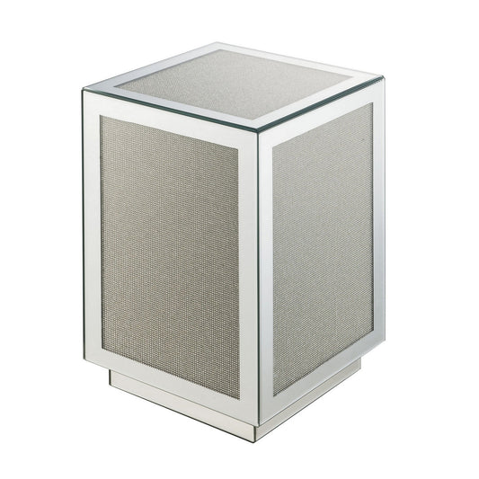 Benzara BM225704 Silver Mirrored Accent Table With Faux Diamond Inlay and Glass Top