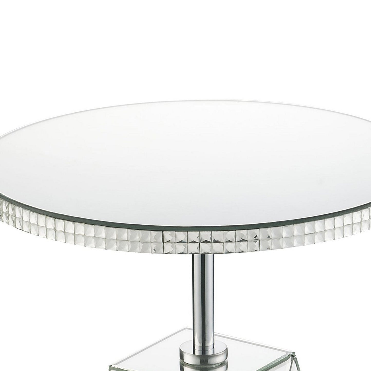 Benzara BM225705 Silver Round Mirrored Accent Table With Pedestal Base and Glass Top