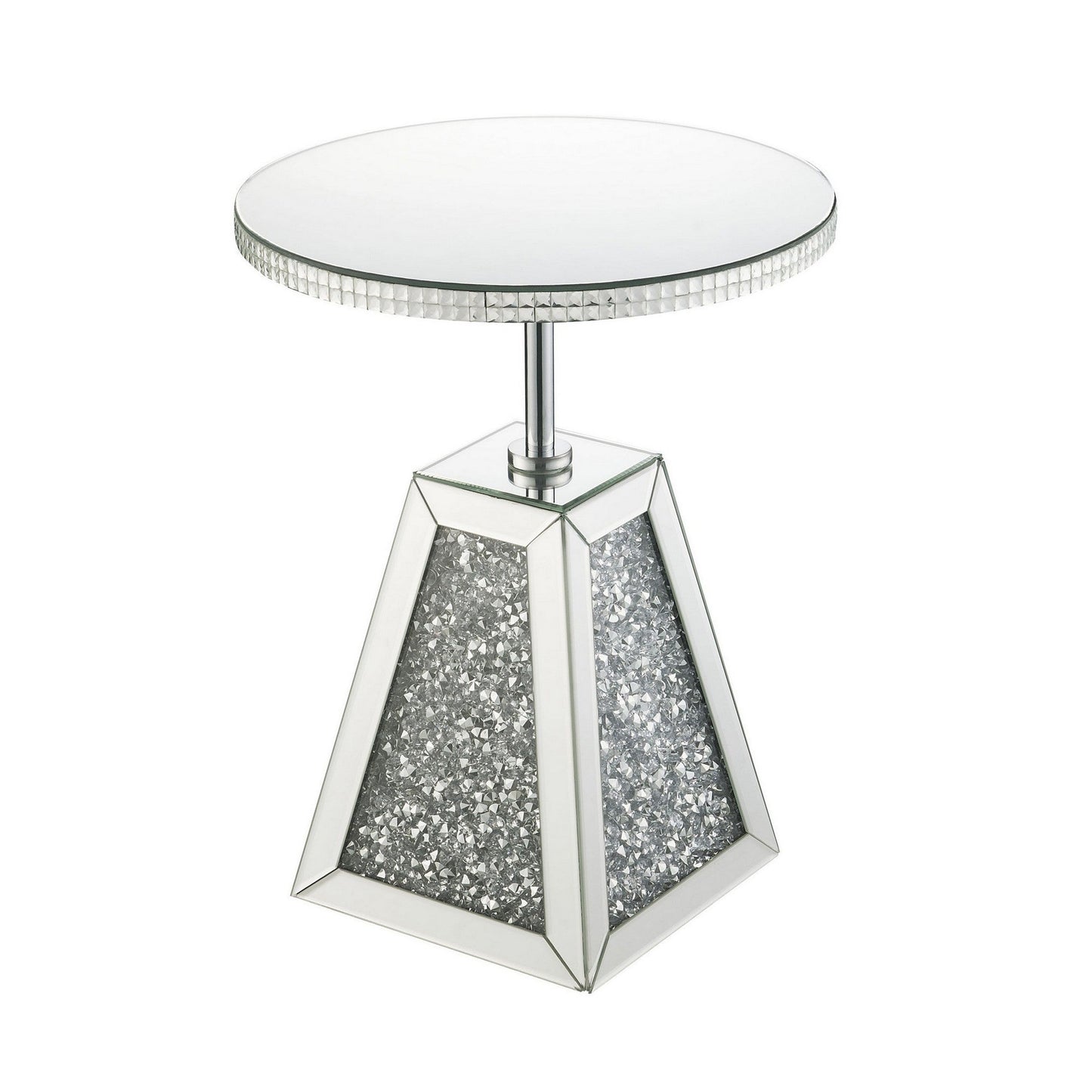 Benzara BM225705 Silver Round Mirrored Accent Table With Pedestal Base and Glass Top