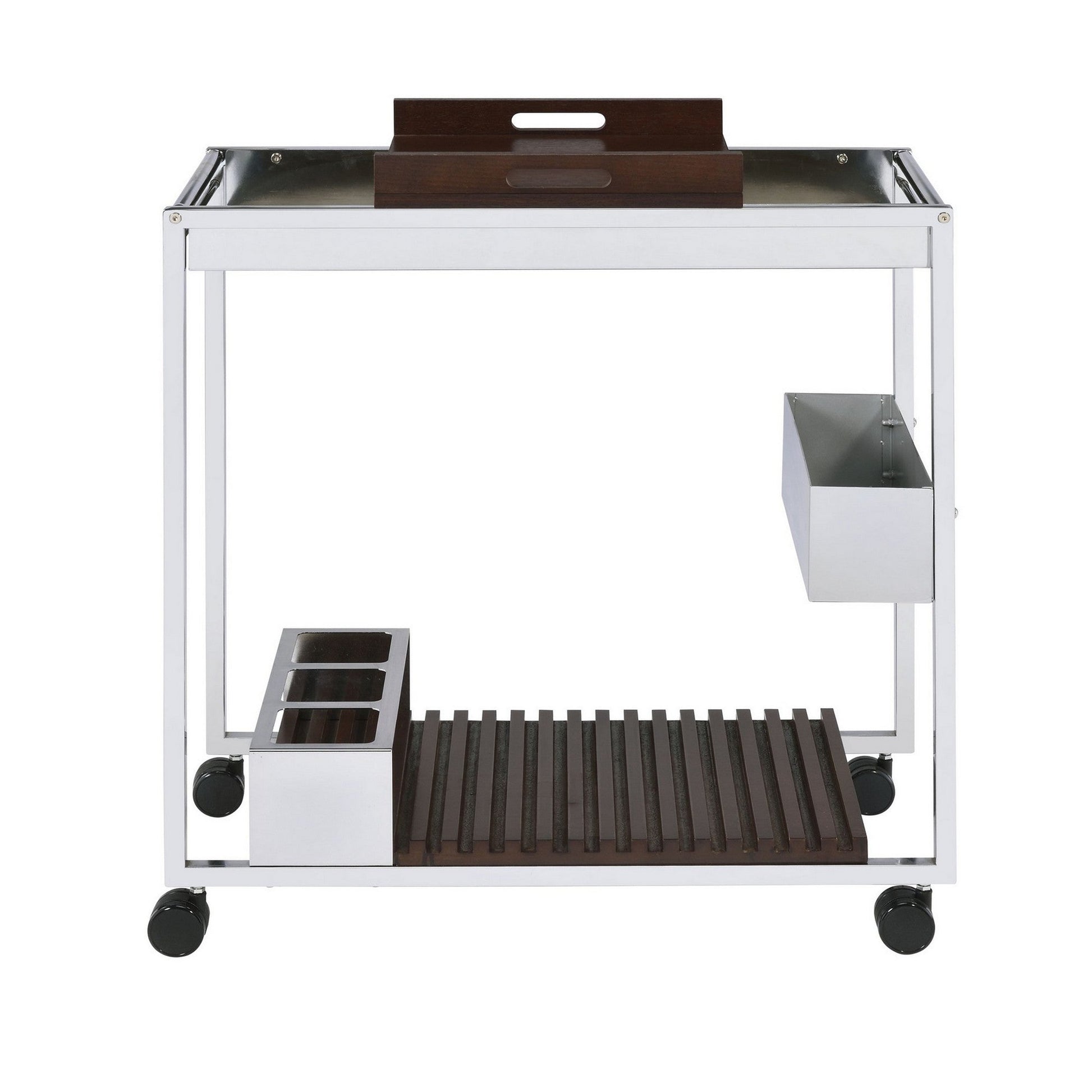 Benzara BM225725 Brown and White Metal and Wood Serving Cart With Tray and Floating Shelf