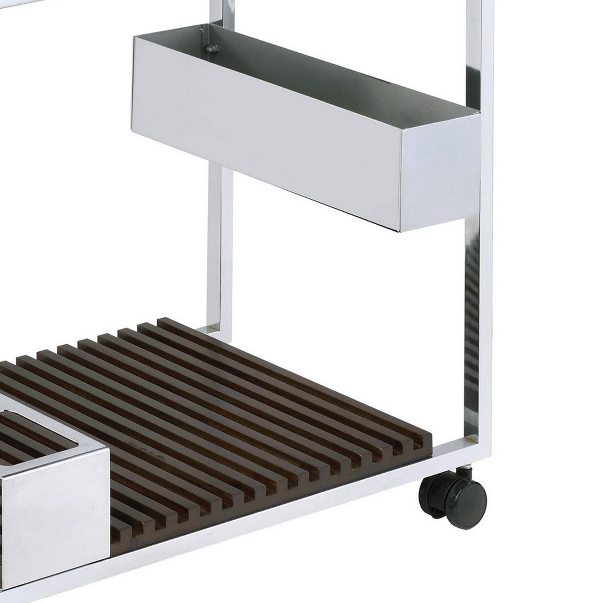 Benzara BM225725 Brown and White Metal and Wood Serving Cart With Tray and Floating Shelf