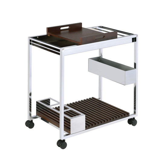 Benzara BM225725 Brown and White Metal and Wood Serving Cart With Tray and Floating Shelf