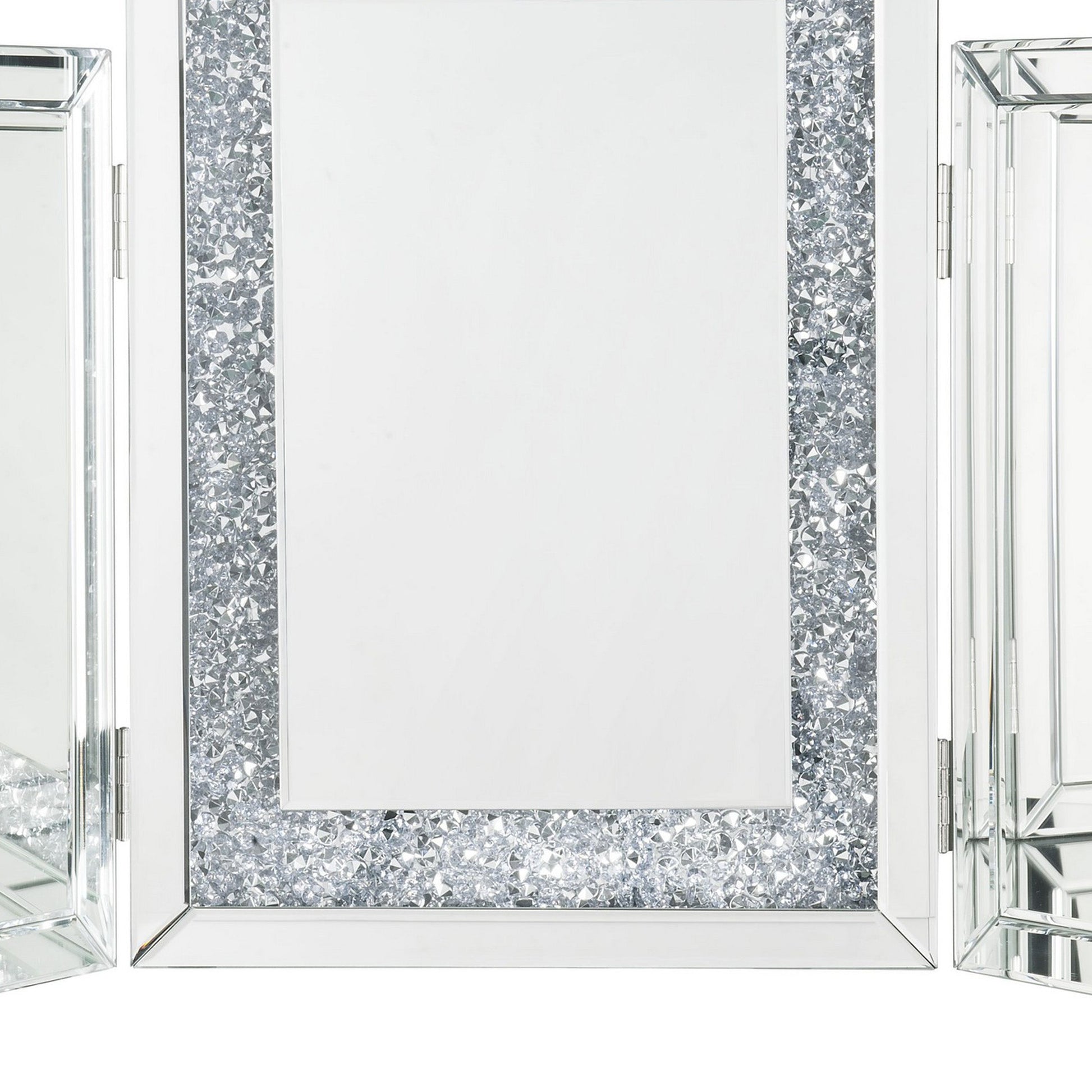 Benzara BM225871 Silver Tri Fold Mirror Panel Frame Accent Decor With Faux Diamond