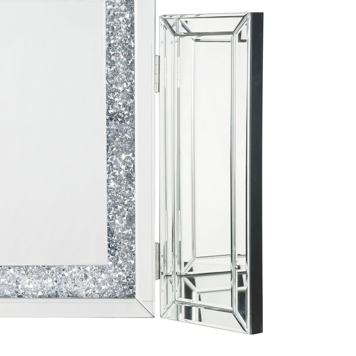 Benzara BM225871 Silver Tri Fold Mirror Panel Frame Accent Decor With Faux Diamond