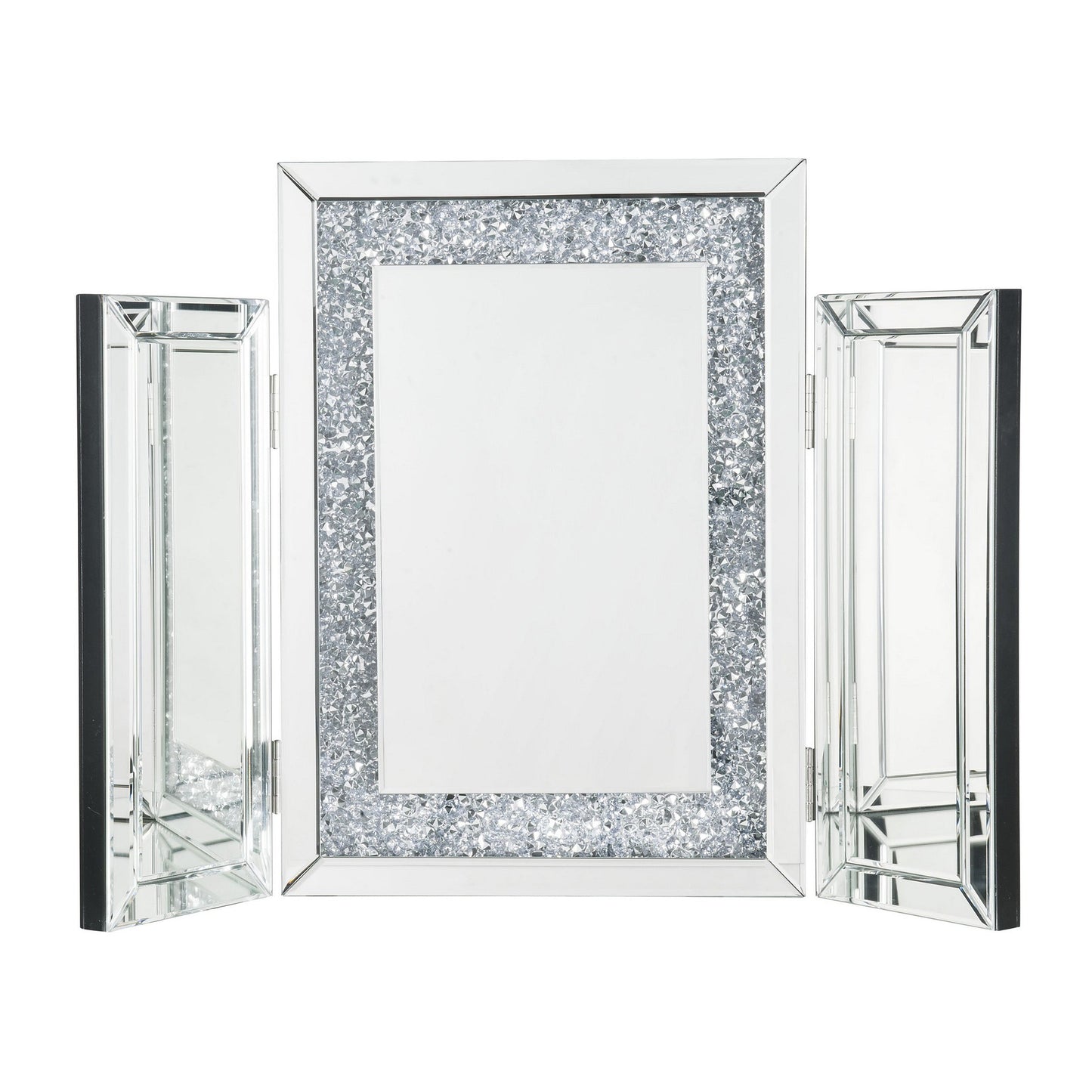 Benzara BM225871 Silver Tri Fold Mirror Panel Frame Accent Decor With Faux Diamond