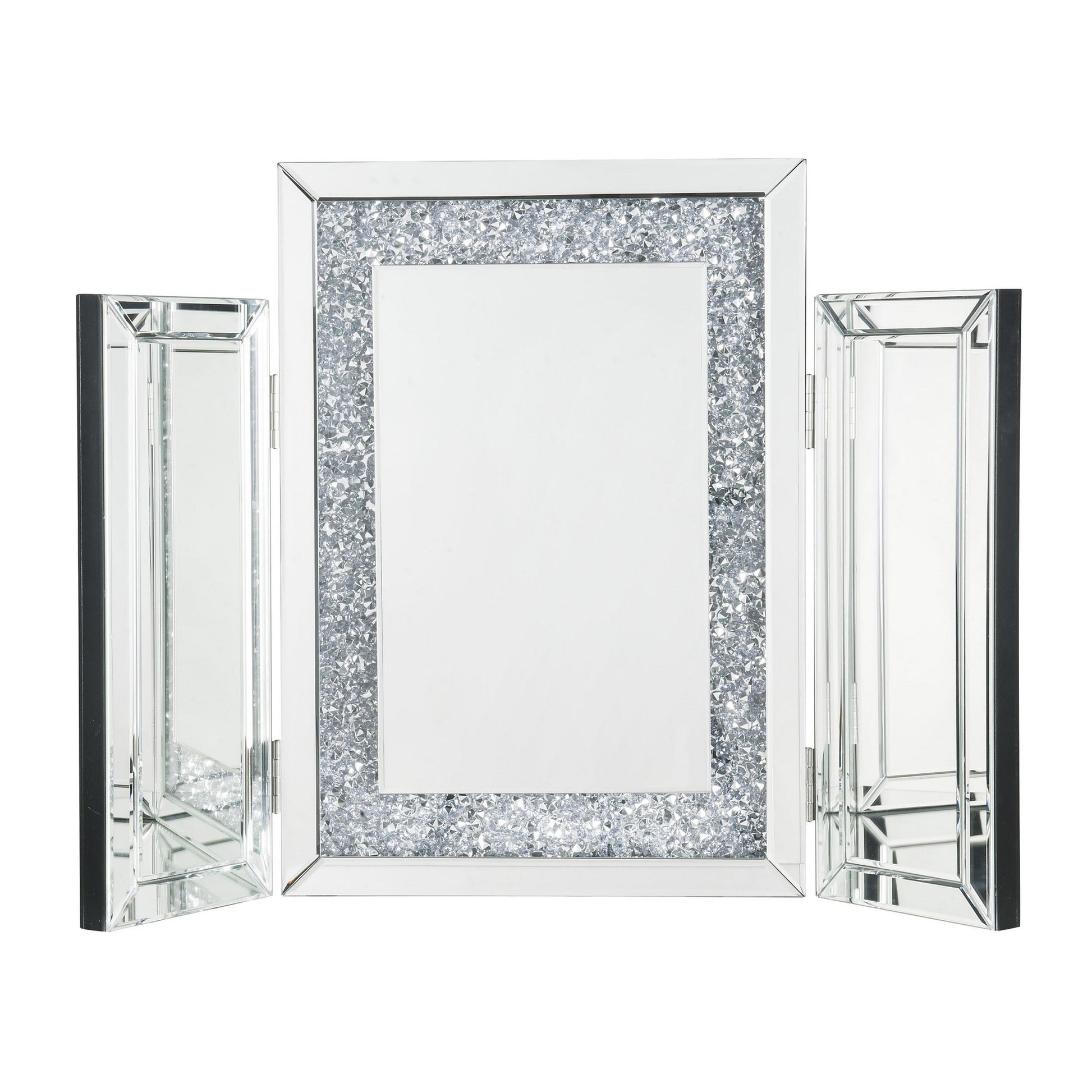 Benzara BM225871 Silver Tri Fold Mirror Panel Frame Accent Decor With Faux Diamond