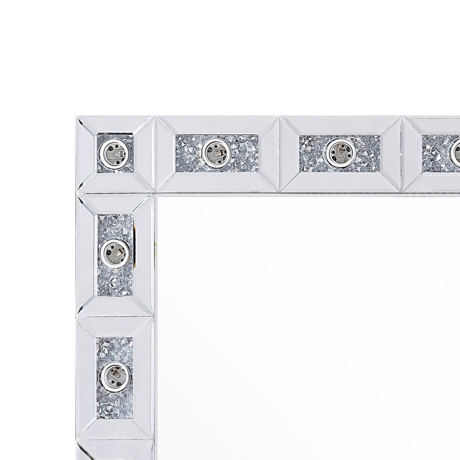 Benzara BM225873 Silver Mirror Panel Frame Wall Decor With Light Function and Faux Diamond