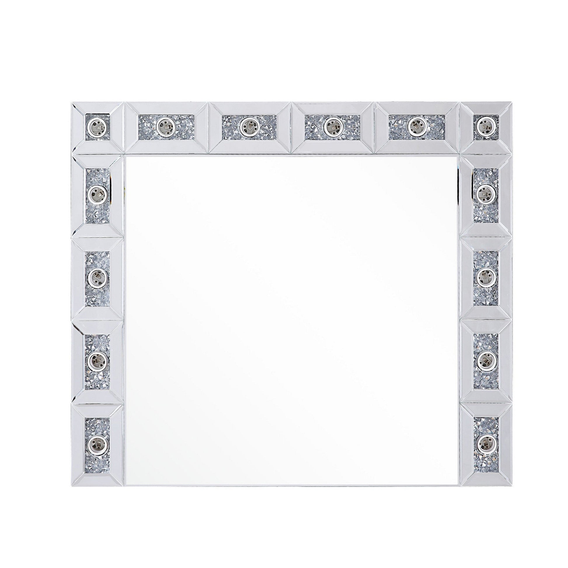 Benzara BM225873 Silver Mirror Panel Frame Wall Decor With Light Function and Faux Diamond