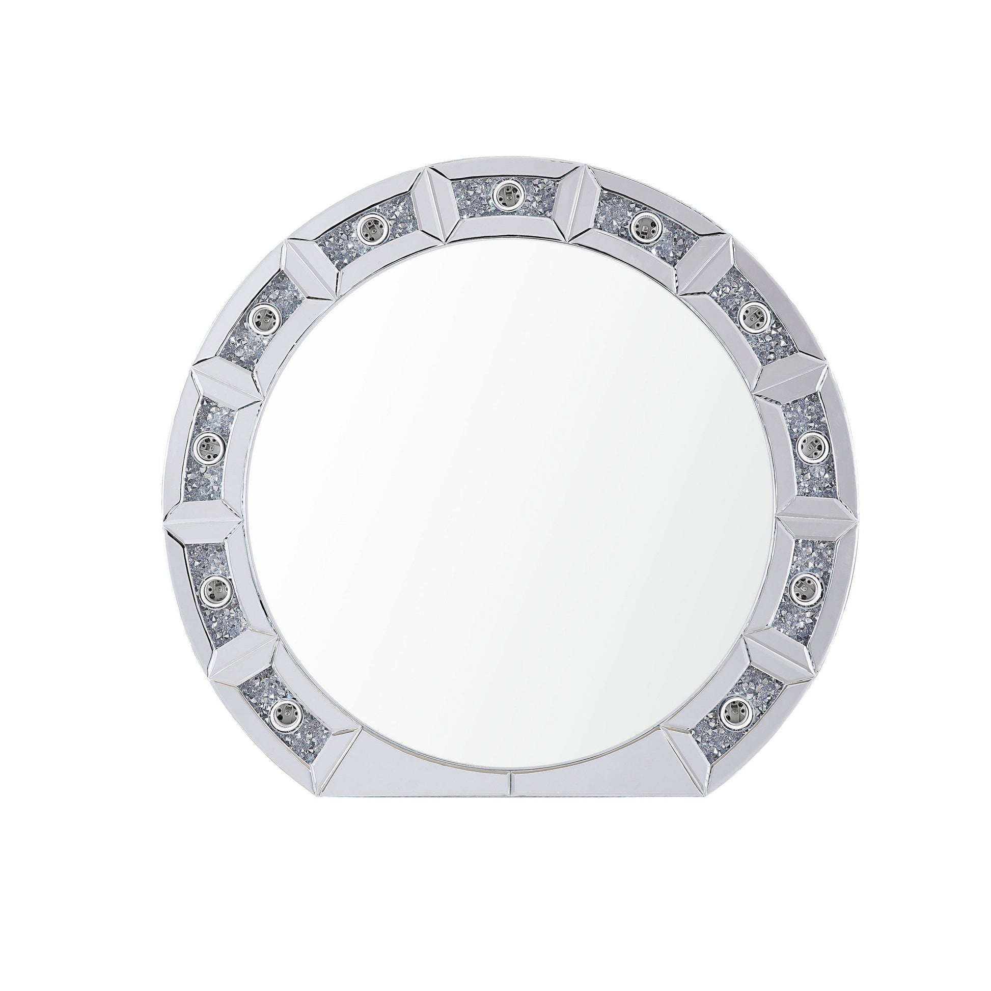 Benzara BM225874 Silver Round Mirror Panel Wall Decor With Light Function and Faux Diamond