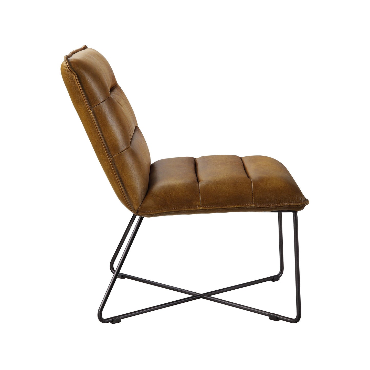 Benzara BM225920 Brown Horizontal Tufted Accent Chair With Sled Base and X Shaped Support