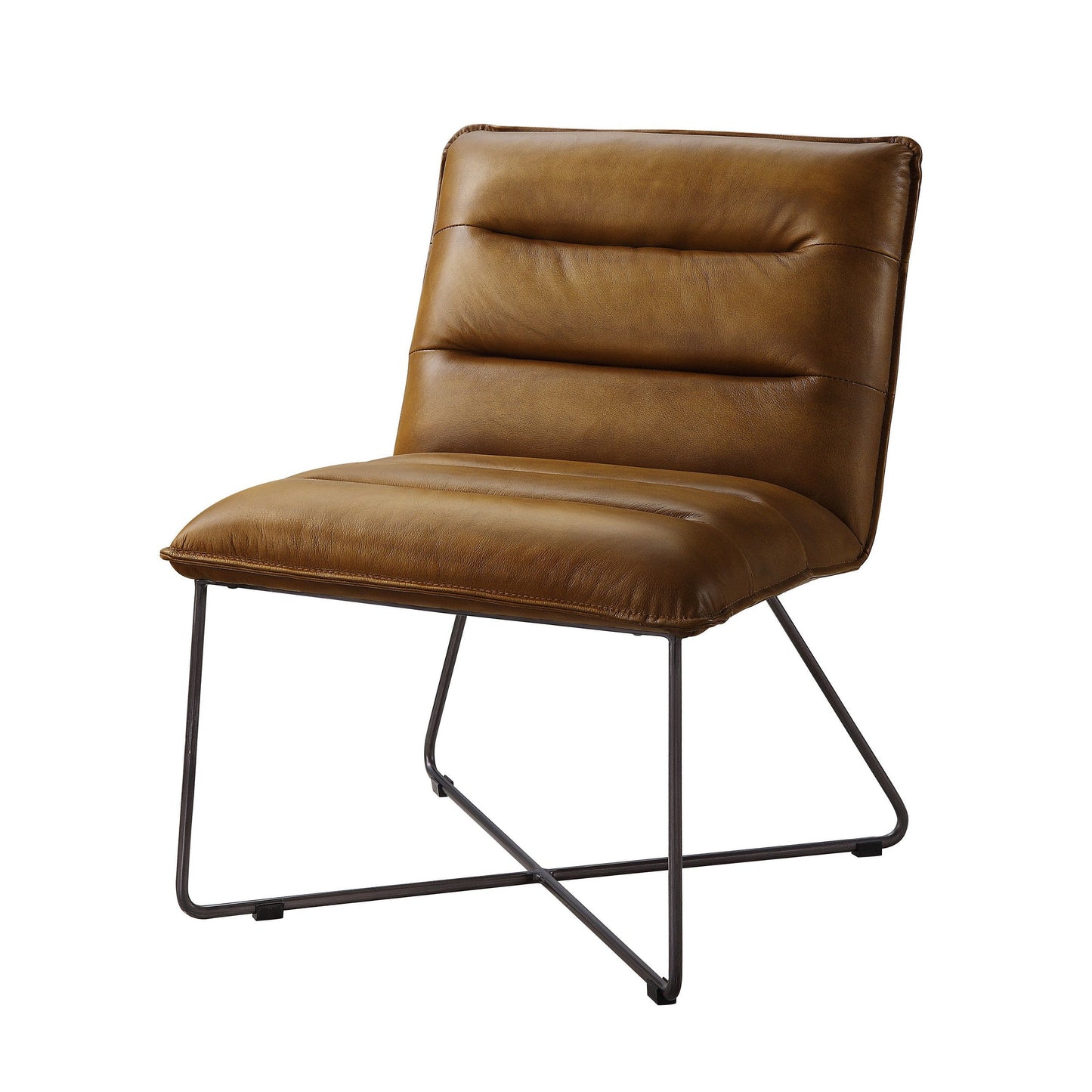 Benzara BM225920 Brown Horizontal Tufted Accent Chair With Sled Base and X Shaped Support