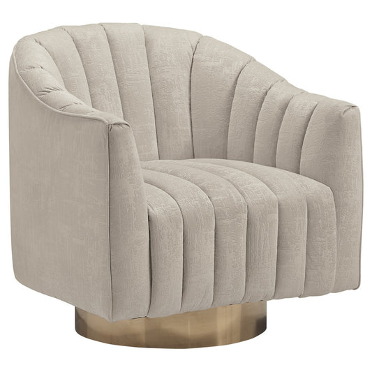 Benzara BM226154 Off White Fabric Vertical Tufted Swivel Accent Chair With Round Plinth Base