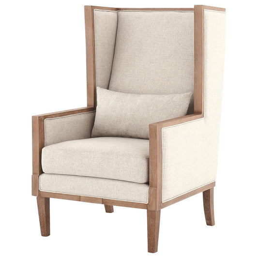 Benzara BM226162 Beige and Brown Wooden Frame Accent Chair With High Wingback and Track Arms