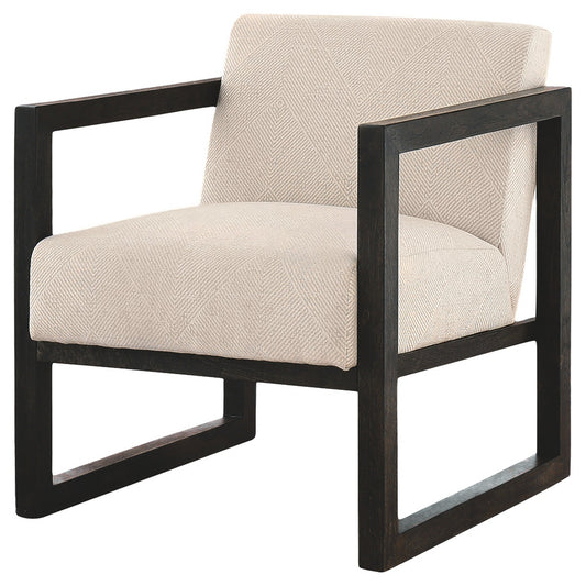 Benzara BM226164 Cream, Brown Fabric Accent Chair, Open Wood Arms With Extended Sled Base