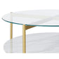 Benzara BM226524 Clear and Gold Glass Top Cocktail Table With Faux Marble Bottom Shelf