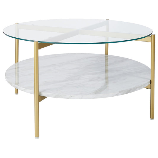 Benzara BM226524 Clear and Gold Glass Top Cocktail Table With Faux Marble Bottom Shelf