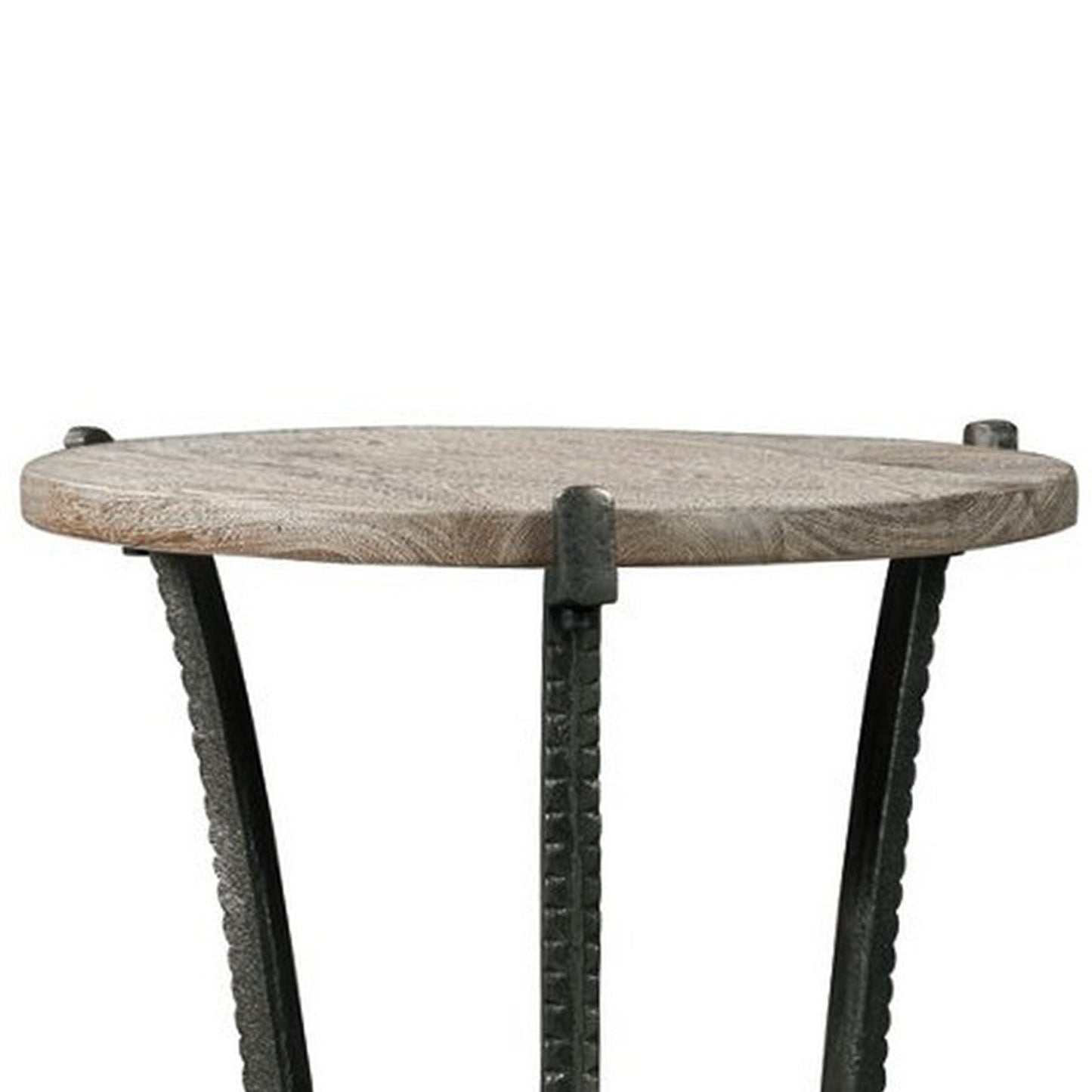 Benzara BM227089 Brown and Gray Round Wooden Top Accent Table With Flared Metal Legs