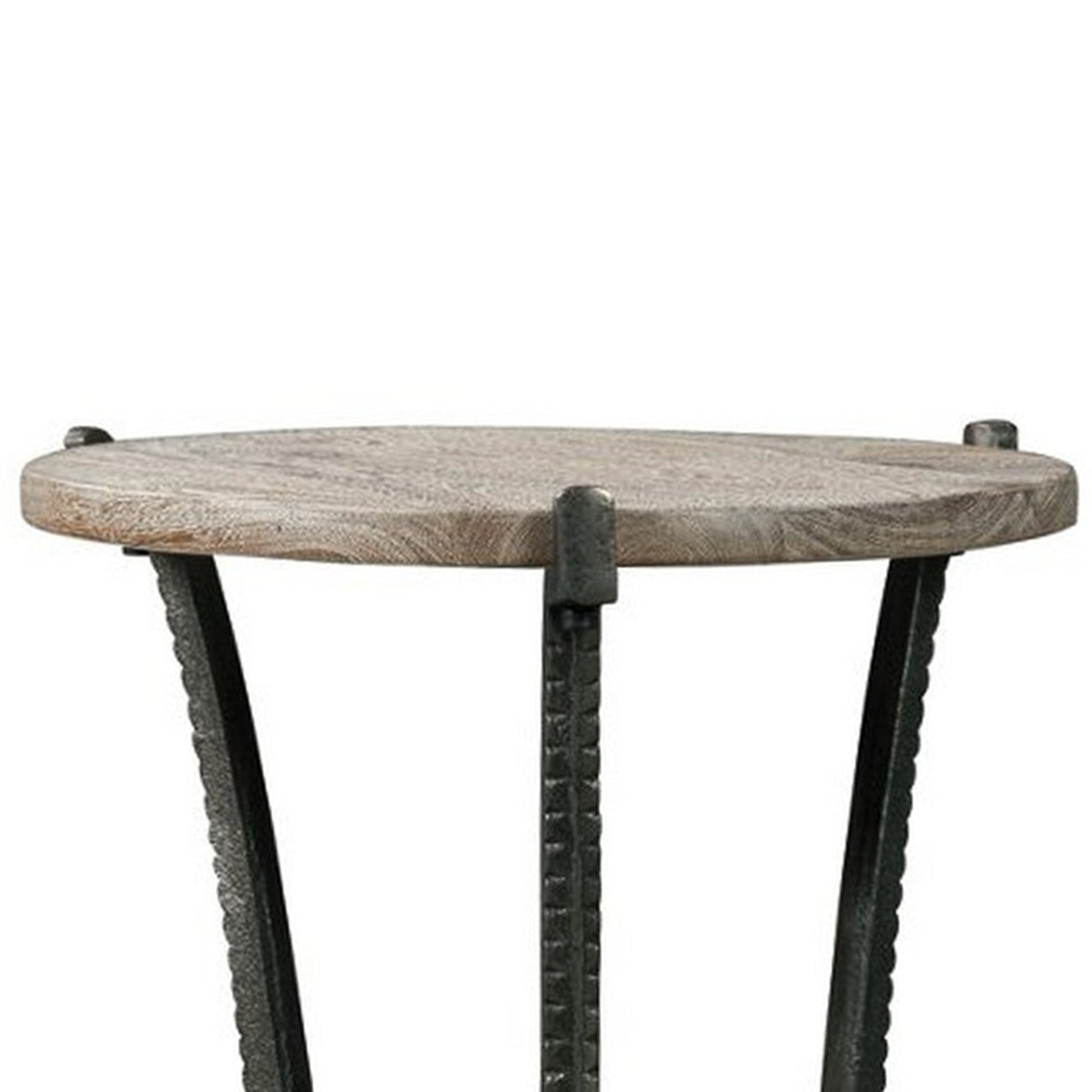 Benzara BM227089 Brown and Gray Round Wooden Top Accent Table With Flared Metal Legs