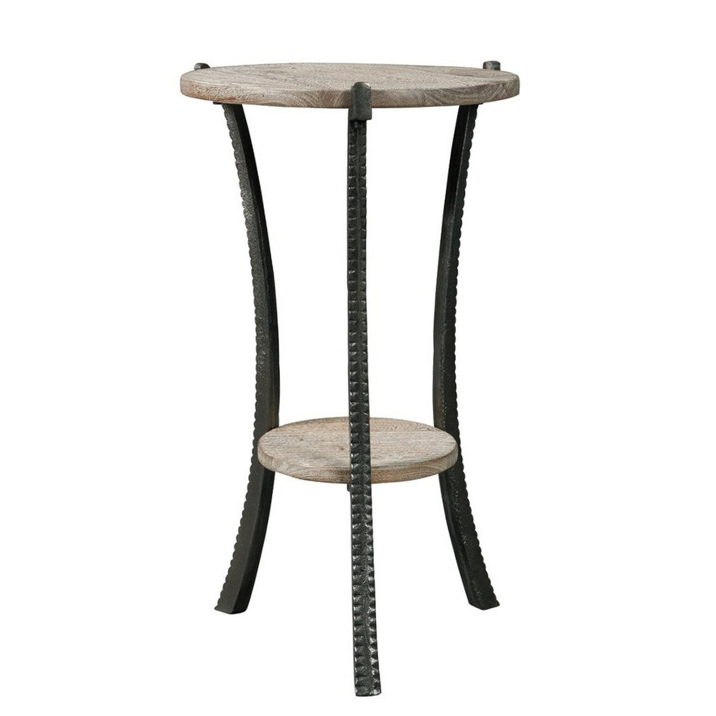 Benzara BM227089 Brown and Gray Round Wooden Top Accent Table With Flared Metal Legs