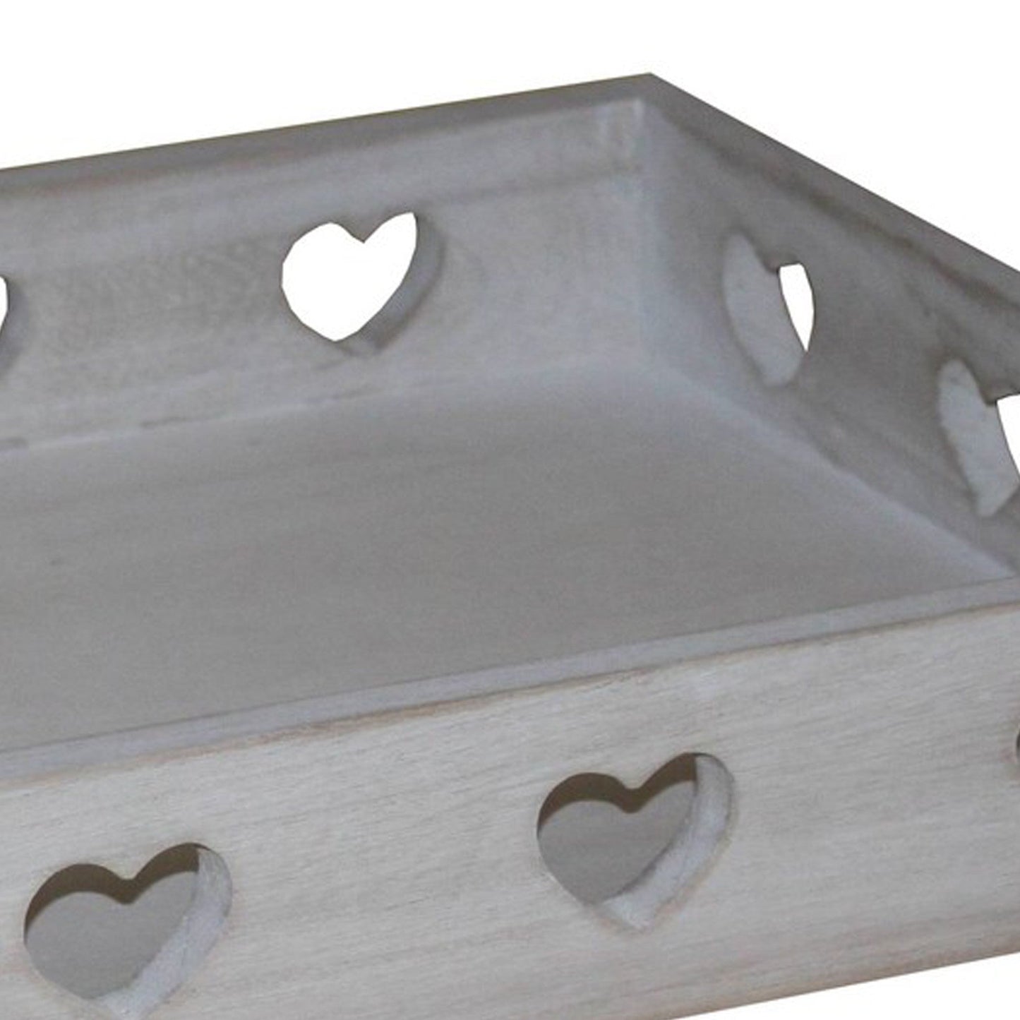 Benzara BM231486 Whitewashed Farmhouse Style Rectangular Tray With Heart Shape Cutouts