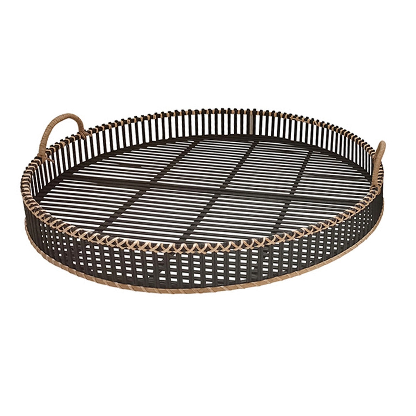 Benzara BM232697 Black Round Shaped Bamboo Tray With Curved Handle, Set of 2