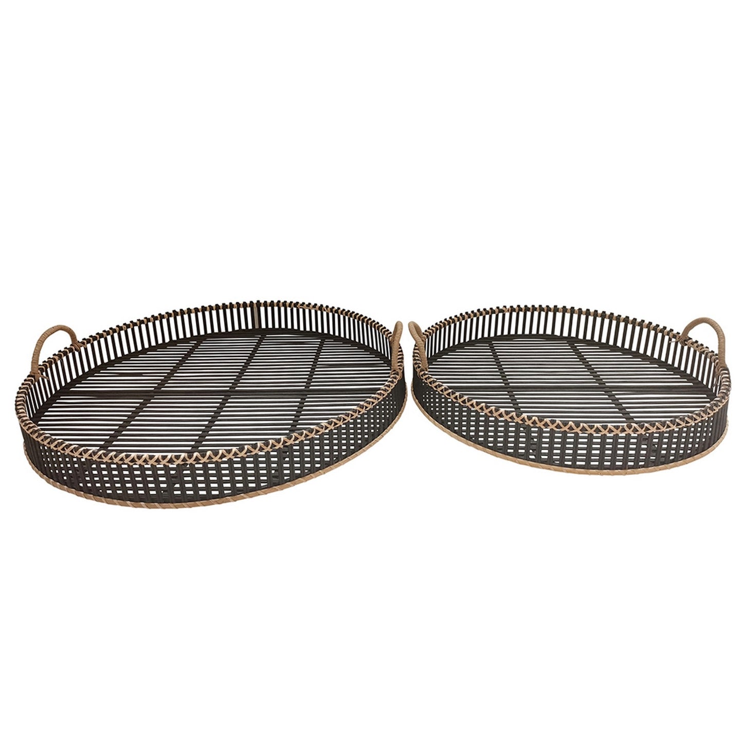 Benzara BM232697 Black Round Shaped Bamboo Tray With Curved Handle, Set of 2