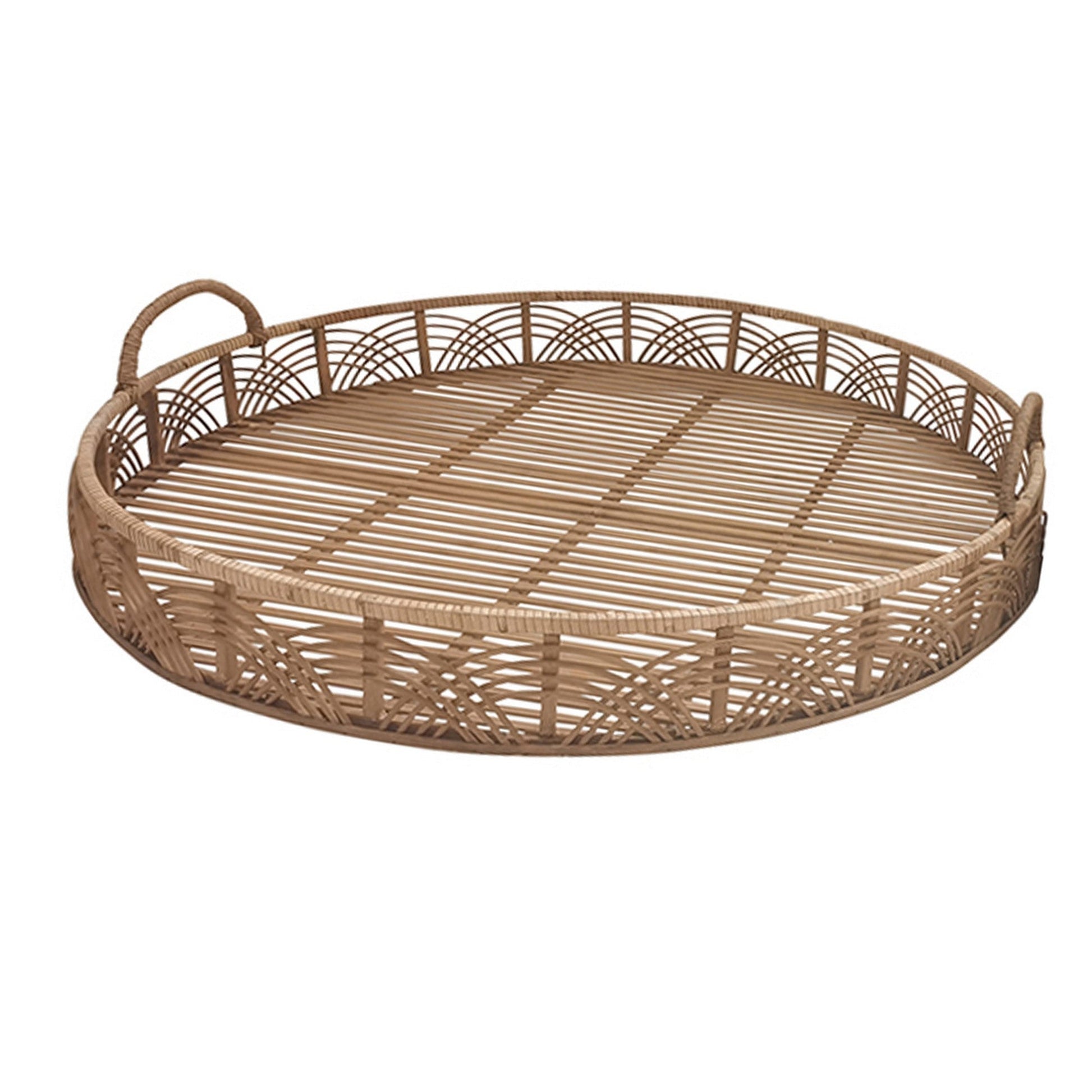 Benzara BM232698 Brown Round Shaped Bamboo Tray With Curved Handle, Set of 2